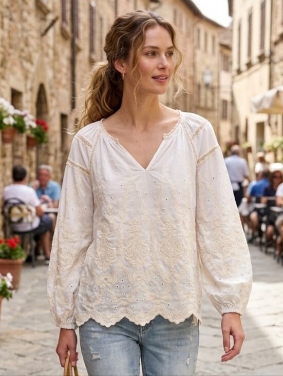Democracy Tops - Democracy Women’s Boho Cottagecore White Embroidered Peasant Blouse Size M